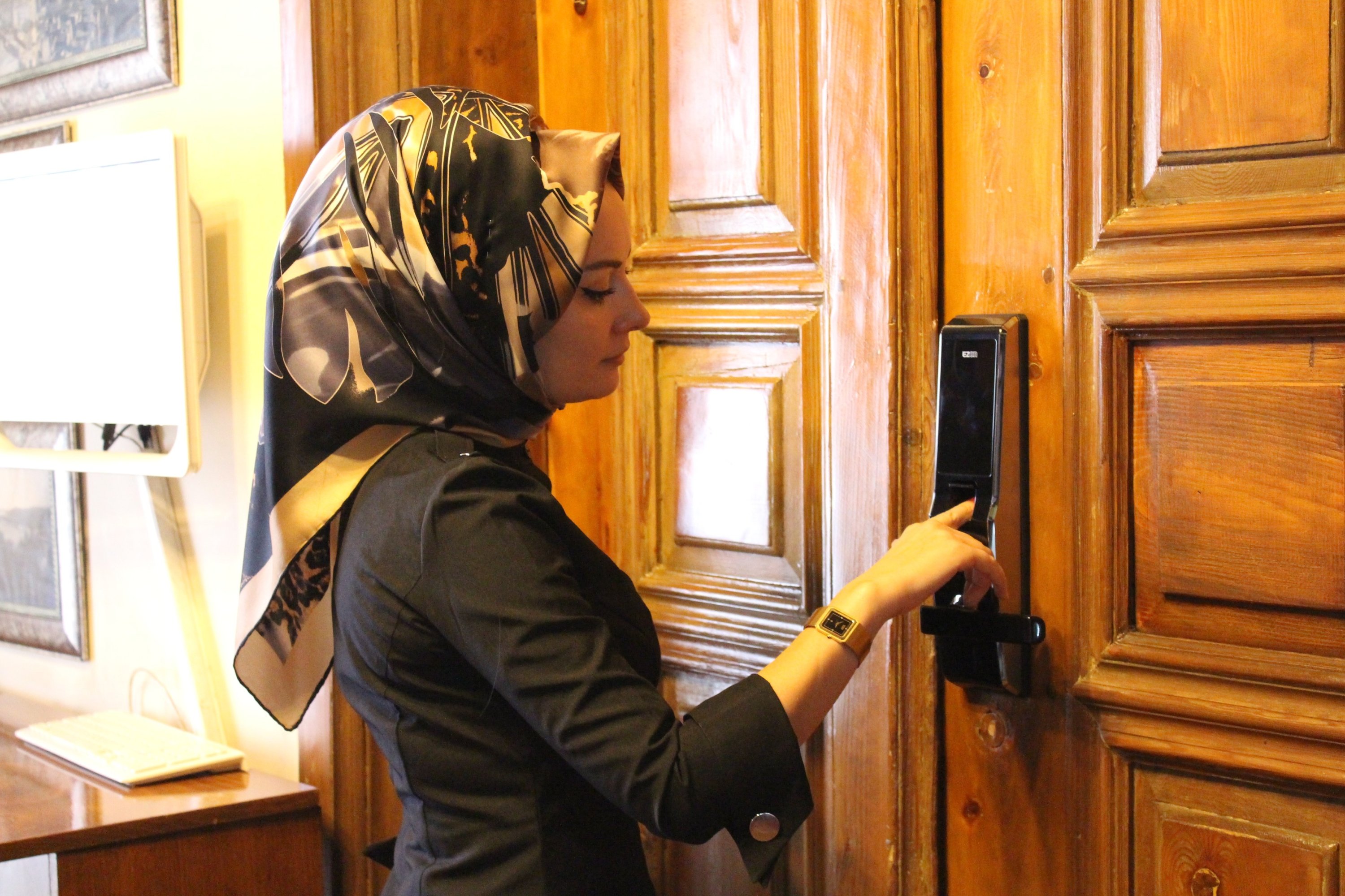 A door and security device seen in the historic Ziyabey Manuscripts Library in Sivas, eastern Turkey, Nov. 18, 2021. (IHA Photo)