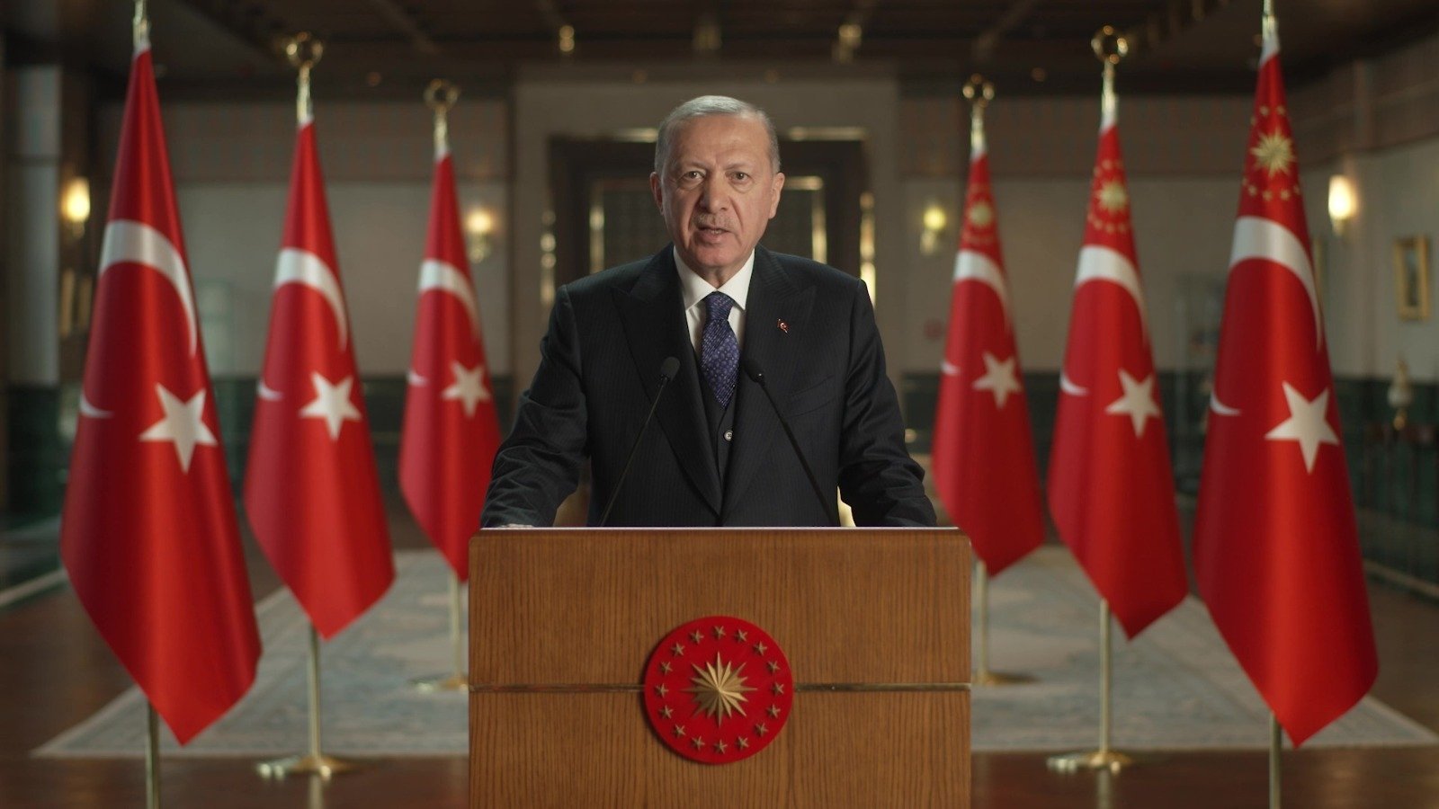 President Recep Tayyip Erdoğan sends a video message at the 89th Interpol General Assembly meeting held in Istanbul, Turkey, Nov. 23, 2021. (DHA Photo)