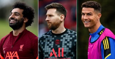 (From L) This photo combo shows Liverpool's Mohamed Salah, Paris Saint-Germain's Lionel Messi and Manchester United's Cristiano Ronaldo.