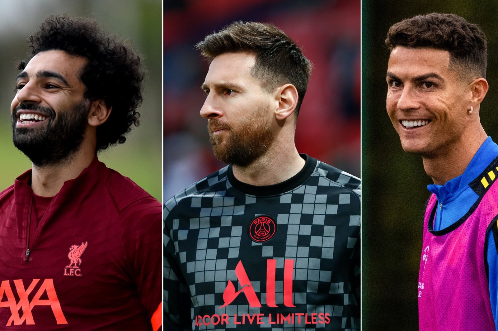 (From L) This photo combo shows Liverpool&#039;s Mohamed Salah, Paris Saint-Germain&#039;s Lionel Messi and Manchester United&#039;s Cristiano Ronaldo.