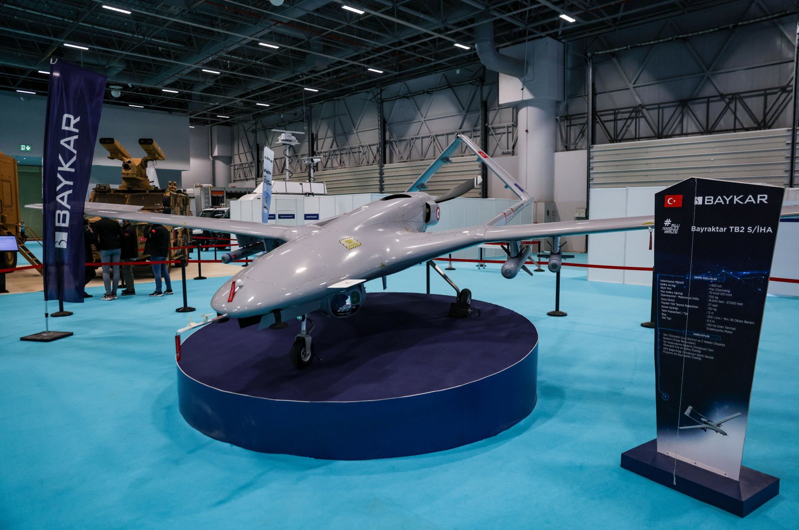 TB2 drone of Turkish drone-maker Baykar is seen at a stand during the first day of SAHA EXPO Defence & Aerospace Exhibition in Istanbul, Turkey, November 10, 2021. REUTERS/Umit Bektas