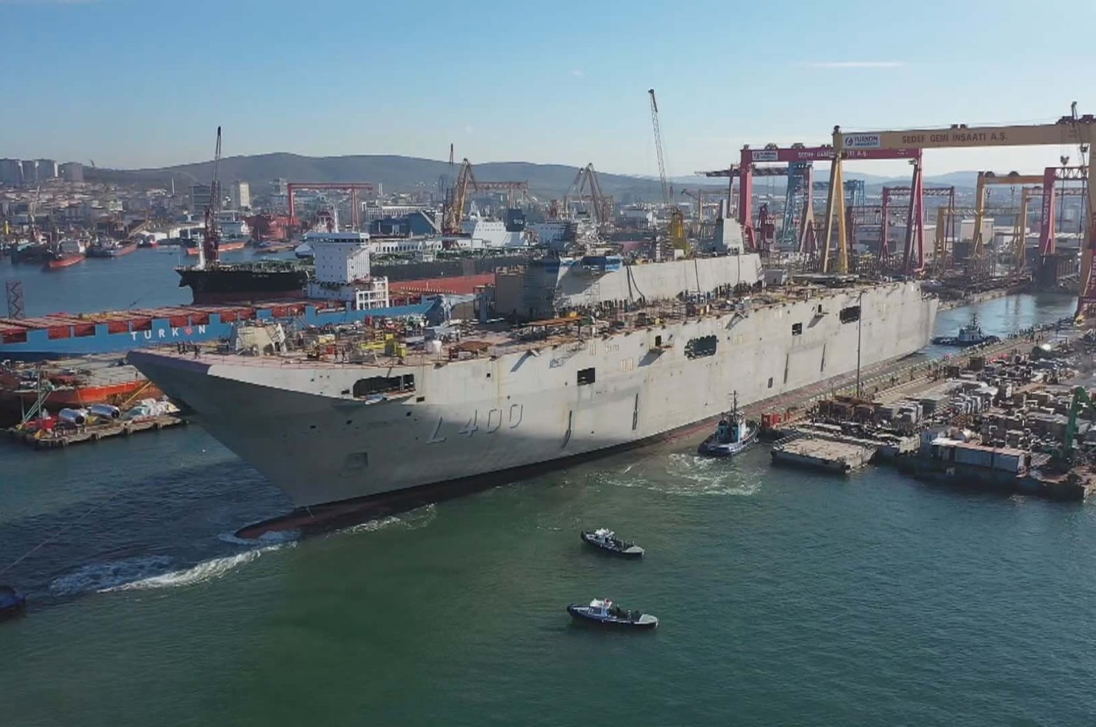 TCG Anadolu seen at the Sedef Shipyard in Tuzla, Istanbul, Turkey, Oct. 26, 2021. (DHA Photo)


