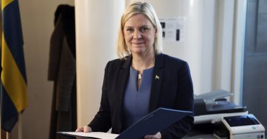 Sweden's Finance Minister and Social Democratic Party leader Magdalena Andersson poses for a photo during a press conference after being appointed new prime minister, in Stockholm, Nov. 24, 2021. (Erik Simander/TT News Agency via AP)