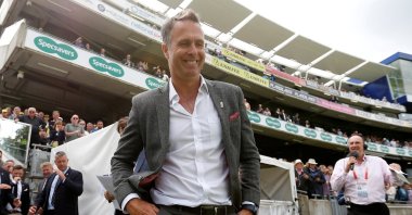 Former England cricketer Michael Vaughan during a break in play at the Ashes 2019 First Test between England and Australia, Edgbaston, Birmingham, England, Aug. 1, 2019.