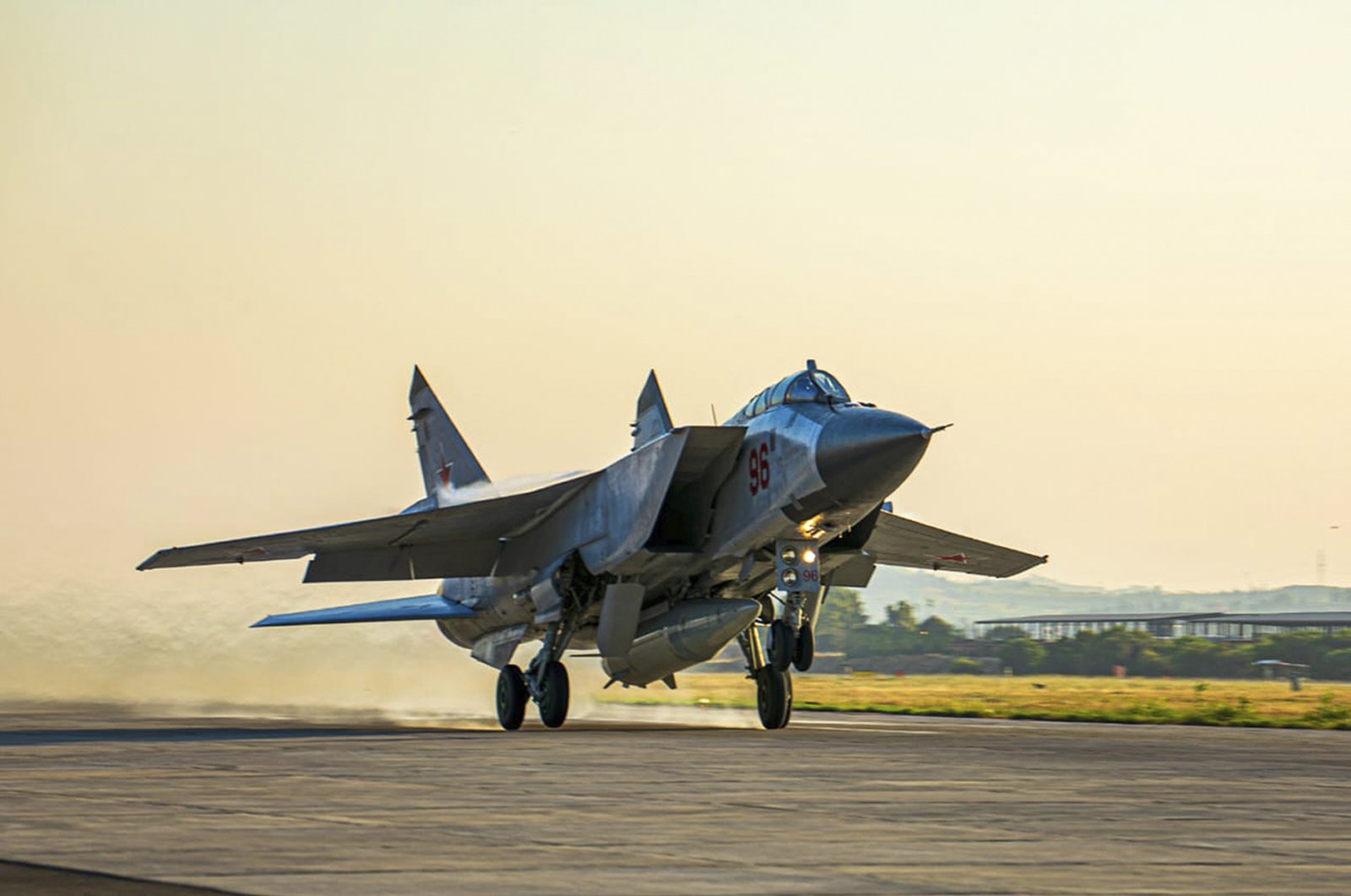 A Russian MiG-31 fighter jet carrying a Kinzhal missile takes off from the Hemeimeem air base in Syria in this photo released on June 25, 2021. (Russian Defense Ministry Press Service via AP)