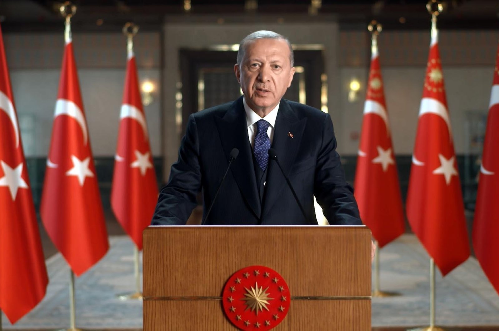 President Recep Tayyip Erdoğan speaks in a video message to the 37th Standing Committee for Economic and Commercial Cooperation of the Organization of the Islamic Cooperation (COMCEC) in Istanbul, Turkey, Nov. 24, 2021. (DHA Photo)