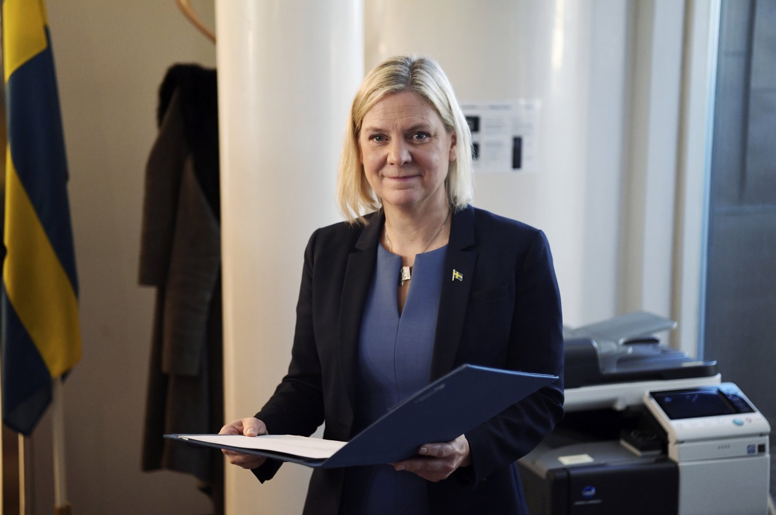 Sweden&#039;s Finance Minister and Social Democratic Party leader Magdalena Andersson poses for a photo during a press conference after being appointed new prime minister, in Stockholm, Nov. 24, 2021. (Erik Simander/TT News Agency via AP)