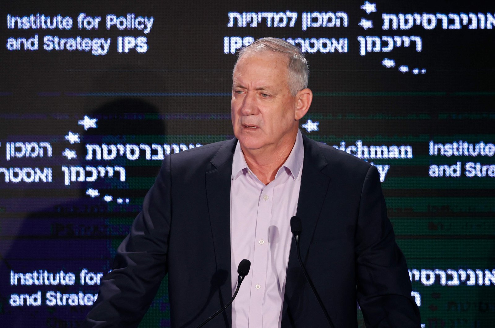 Israel&#039;s Defense Minister Benny Gantz speaks at the Reichman University&#039;s Institute for Policy and Strategy (IPS) in the Mediterranean coastal city of Herzliya, Israel, Nov. 23, 2021. (AFP Photo)