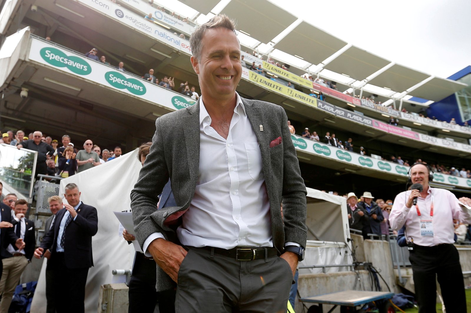 Former England cricketer Michael Vaughan during a break in play at the Ashes 2019 First Test between England and Australia, Edgbaston, Birmingham, England, Aug. 1, 2019.