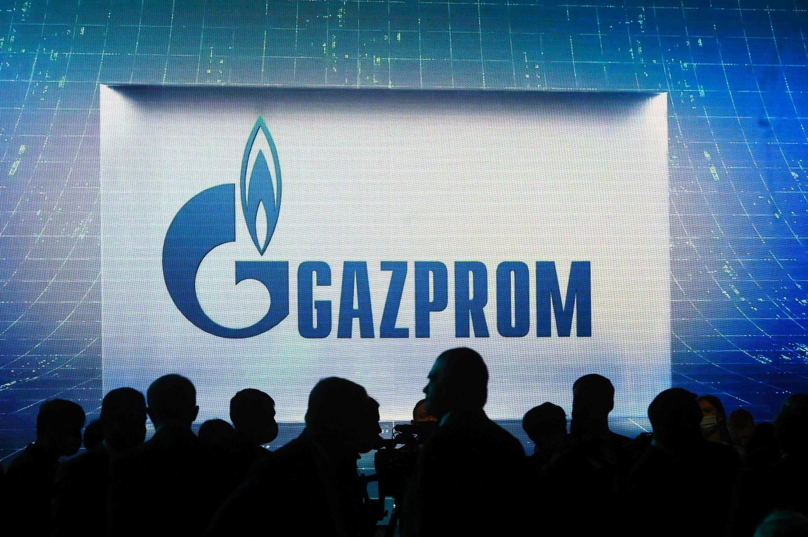 The Gazprom logo during the International Gas Forum, at the Expoforum Convention and Exhibition Centre in Saint Petersburg, Oct. 7, 2021. (AFP Photo)