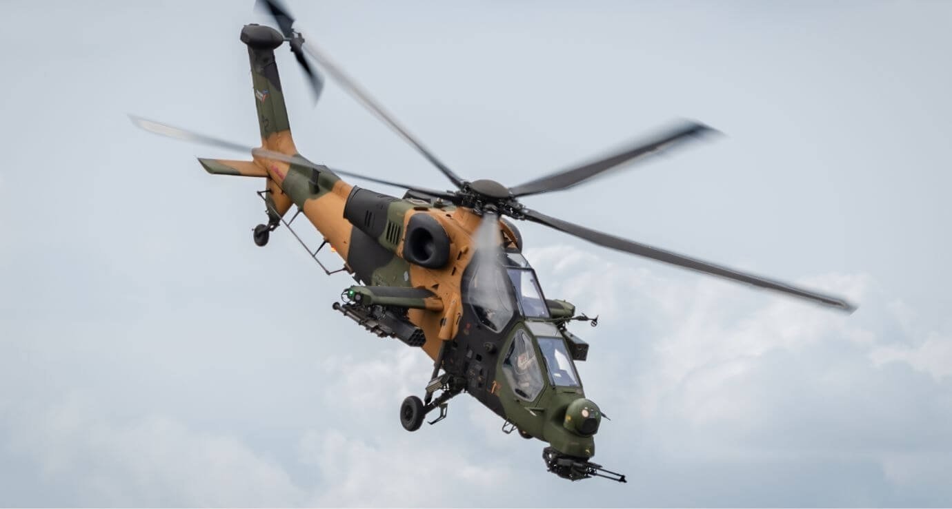 Upgraded with the Aselsan-made IFF system, a T129 chopper maneuvers in this photo provided on May 28, 2021. (Courtesy of TAI)