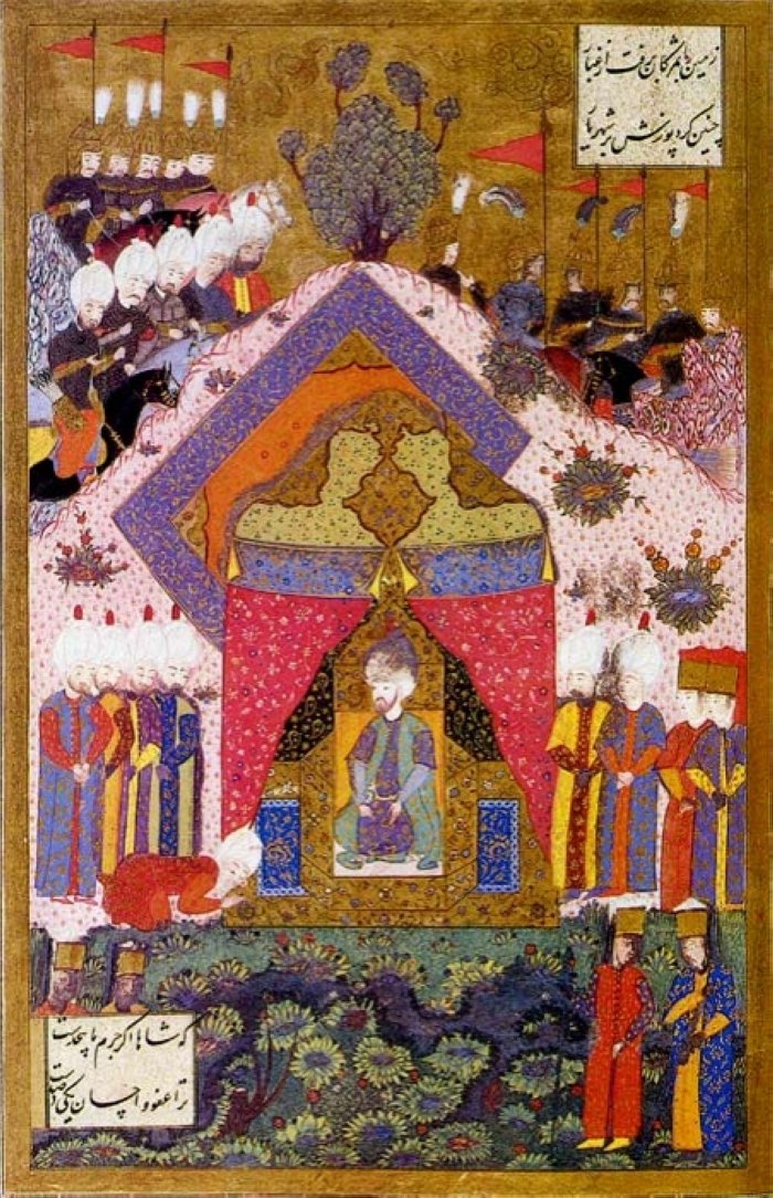 A miniature depicts Sultan Suleiman I while receiving an ambassador. (Wikimedia)