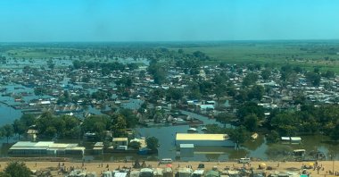 An aerial view of houses submerged in floodwater in the town of Bentiu, in Unity State, South Sudan, Nov. 17, 2021. (Reuters Photo)