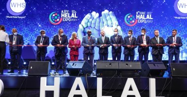 Vice President Fuat Oktay attends the opening of the 7th World Halal Summit organized together with the 8th Organization of Islamic Cooperation (OIC) Halal Summit, Istanbul, Turkey, Nov. 25, 2021. (DHA Photo)