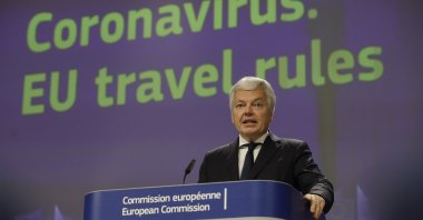 European Commissioner for Justice Didier Reynders gives a press conference on free movement in the EU during the pandemic, in Brussels, Belgium, Nov. 25 2021. (EPA Photo)