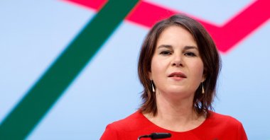 Leader of the Greens party Annalena Baerbock speaks during a meeting after the presentation of the coalition deal of SPD, FDP and Greens parties, in Berlin, Germany, Nov. 25, 2021.  (REUTERS Photo)