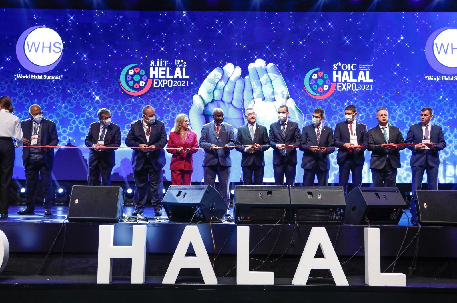 Vice President Fuat Oktay attends the opening of the 7th World Halal Summit organized together with the 8th Organization of Islamic Cooperation (OIC) Halal Summit, Istanbul, Turkey, Nov. 25, 2021. (DHA Photo)