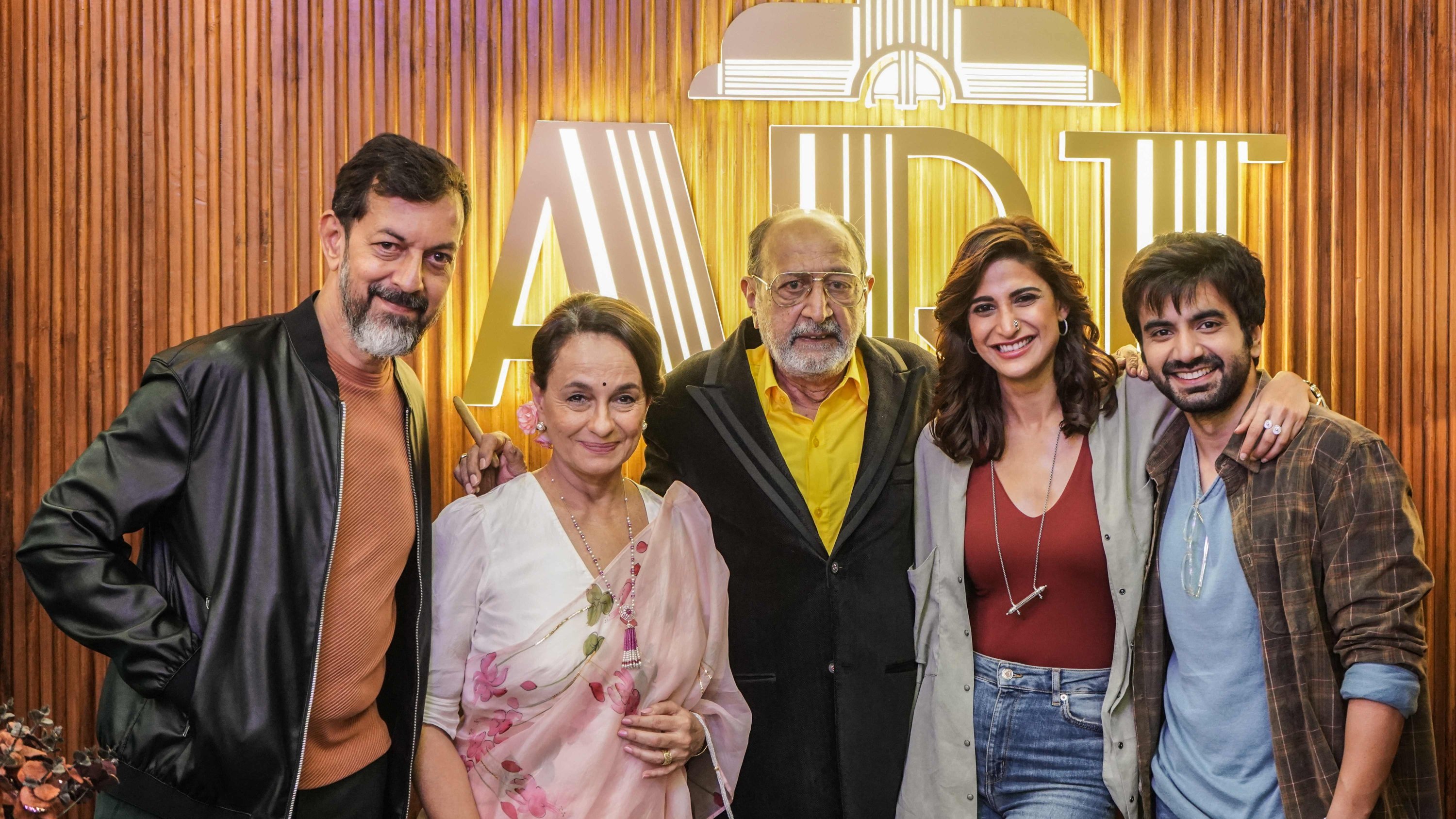 This undated handout photograph released by Netflix shows Bollywood actors and cast members (L-R) Rajat Kapoor, Soni Razdan, Tinnu Anand, Aahana Kumra and Ayush Mehra posing for pictures for the promotion of the Indian drama web series 