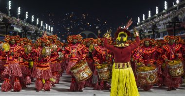Members of Estacio De Sa samba school perform during the first night of 2020 Rio's Carnival parades at the Sapucai Sambadrome, Rio de Janeiro, Brazil, Feb. 23, 2020. (Getty Images)