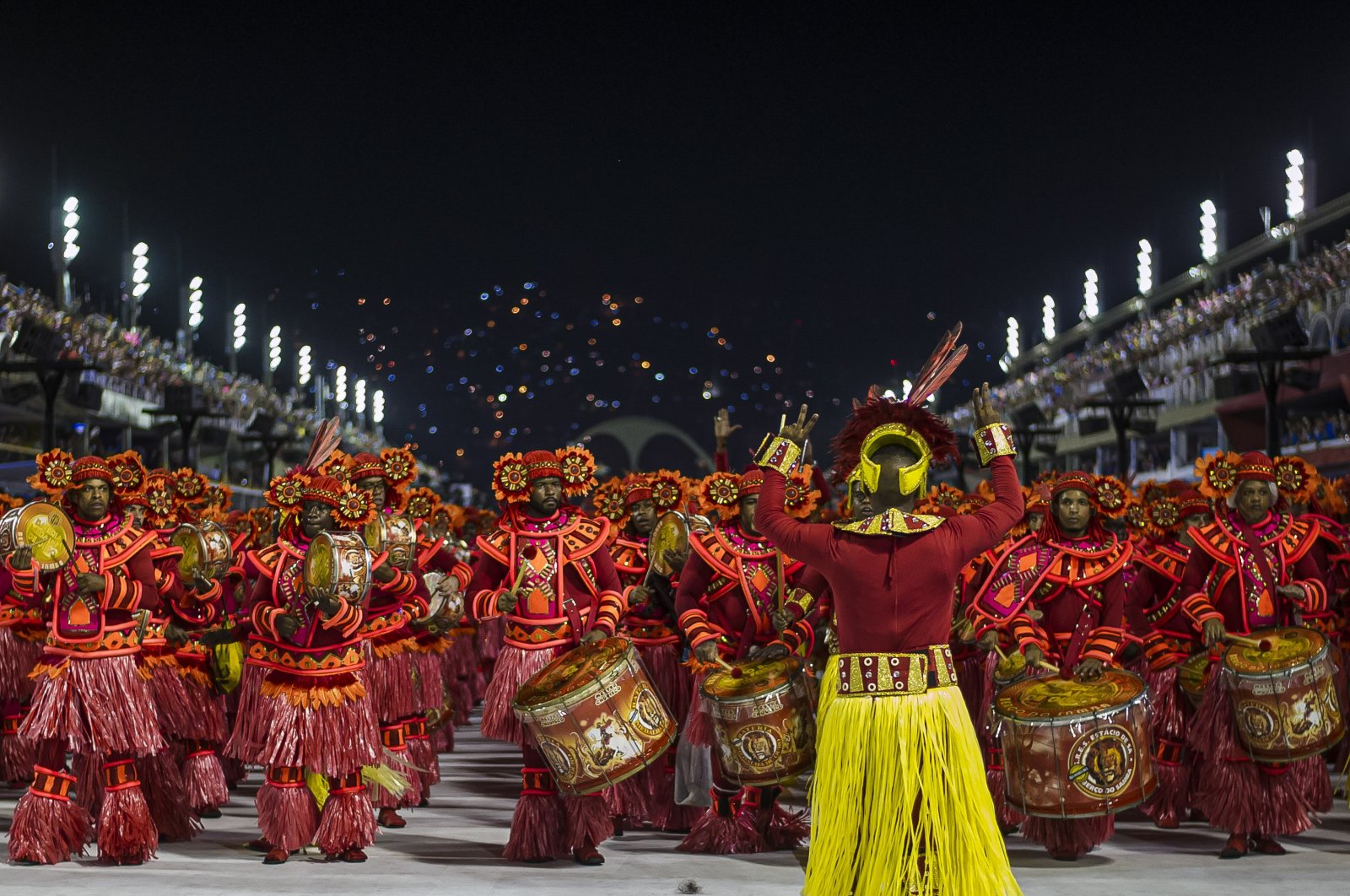 Members of Estacio De Sa samba school perform during the first night of 2020 Rio&#039;s Carnival parades at the Sapucai Sambadrome, Rio de Janeiro, Brazil, Feb. 23, 2020. (Getty Images)