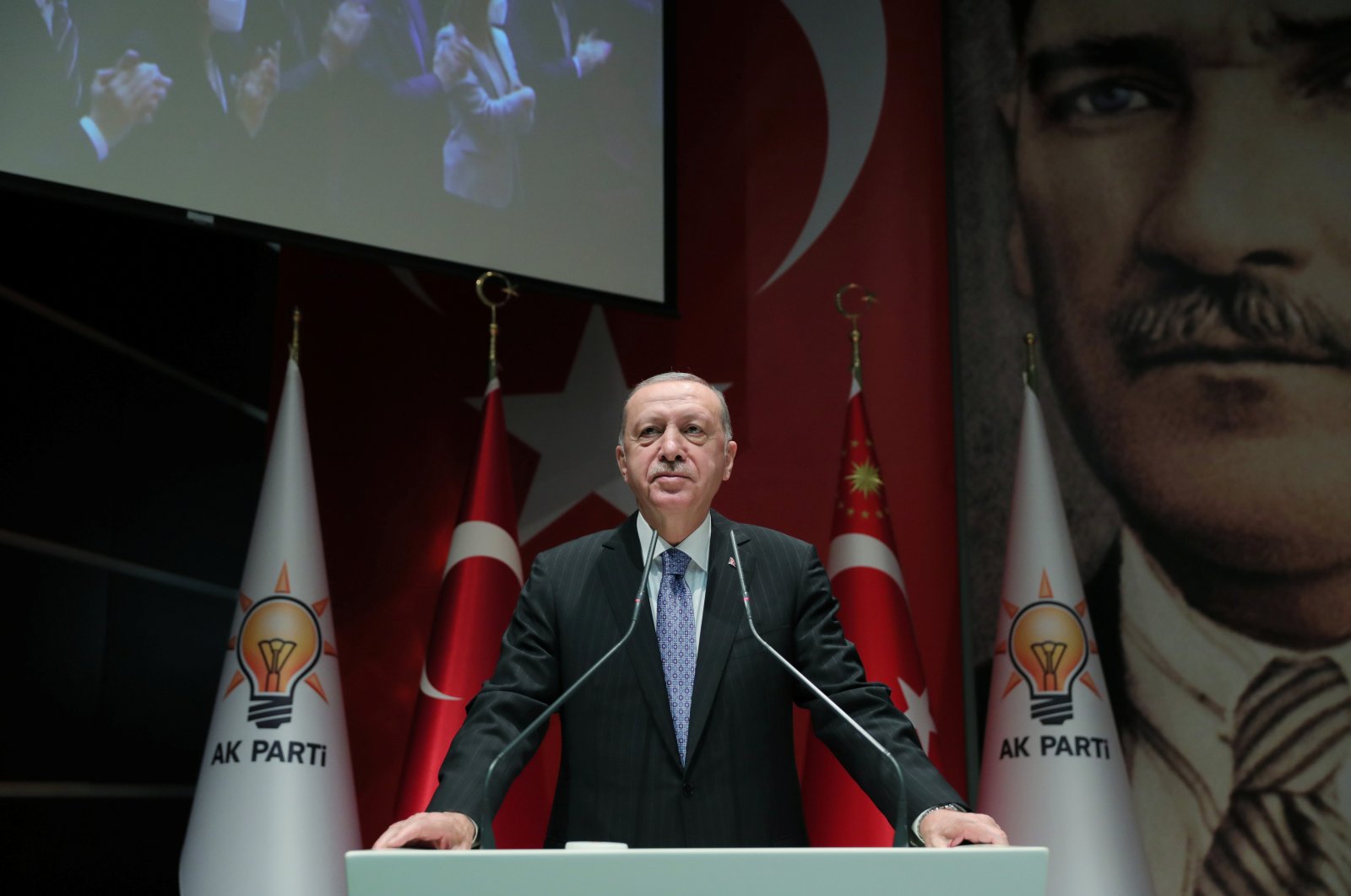 President Recep Tayyip Erdoğan addresses members of his ruling Justice and Development Party (AK Party) during a meeting at the party headquarters in Ankara, Turkey, Nov. 23, 2021. (Reuters Photo)