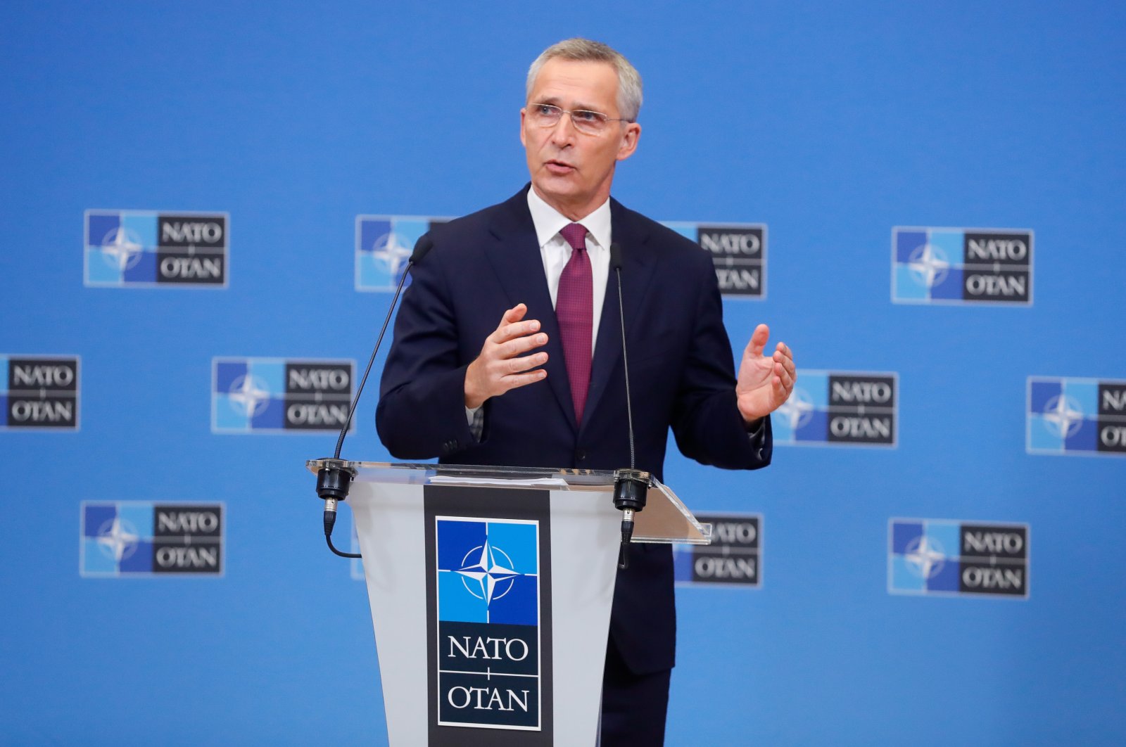 NATO Secretary-General Jens Stoltenberg gives a press conference ahead of a two-day meeting of NATO Ministers of Foreign Affairs in Riga, at the NATO headquarters in Brussels, Belgium, Nov. 26, 2021. (EPA Photo)