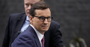 Polish Prime Minister Mateusz Morawiecki leaves after his meeting with British Prime Minister Boris Johnson at 10 Downing Street, London, U.K., Nov. 26, 2021. (AP Photo)