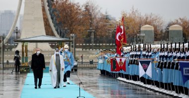President Recep Tayyip Erdoğan and Abu Dhabi Crown Prince Mohammed bin Zayed al-Nahyan review a guard of honor during a welcome ceremony in capital Ankara, Turkey, Nov. 24, 2021. (Reuters Photo)