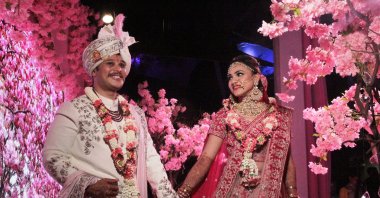 Rahul Gupta (L) and Harshita Agarwal, the heirs to two of India&#039;s wealthiest families, poses during their 4-day wedding ceremony in the resort town of Bodrum, Muğla, southwestern Turkey, July, 9, 2018. (IHA Photo)