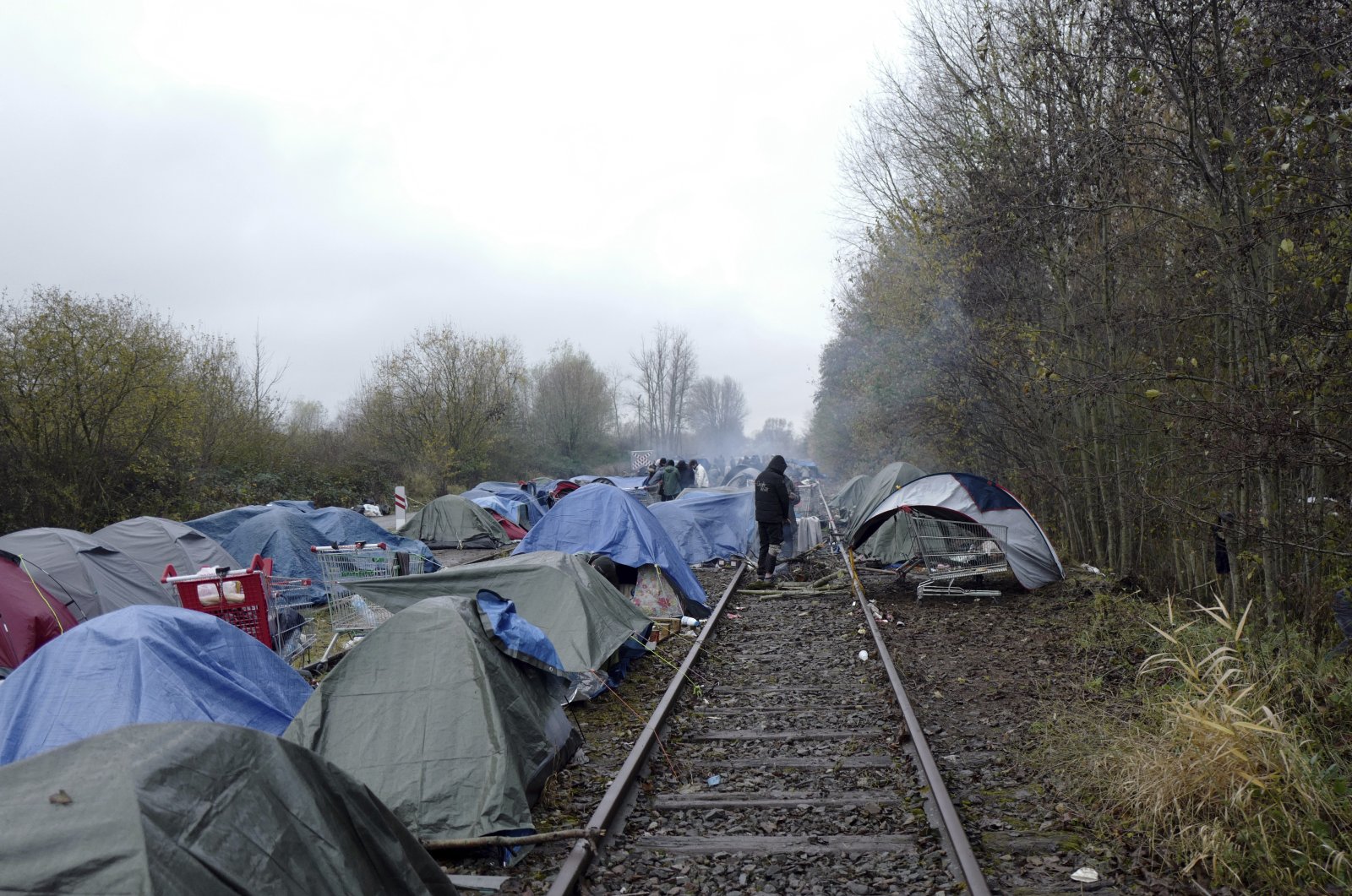 A makeshift migrant camp is set up in Calais, northern France, Nov. 27, 2021. (AP Photo)