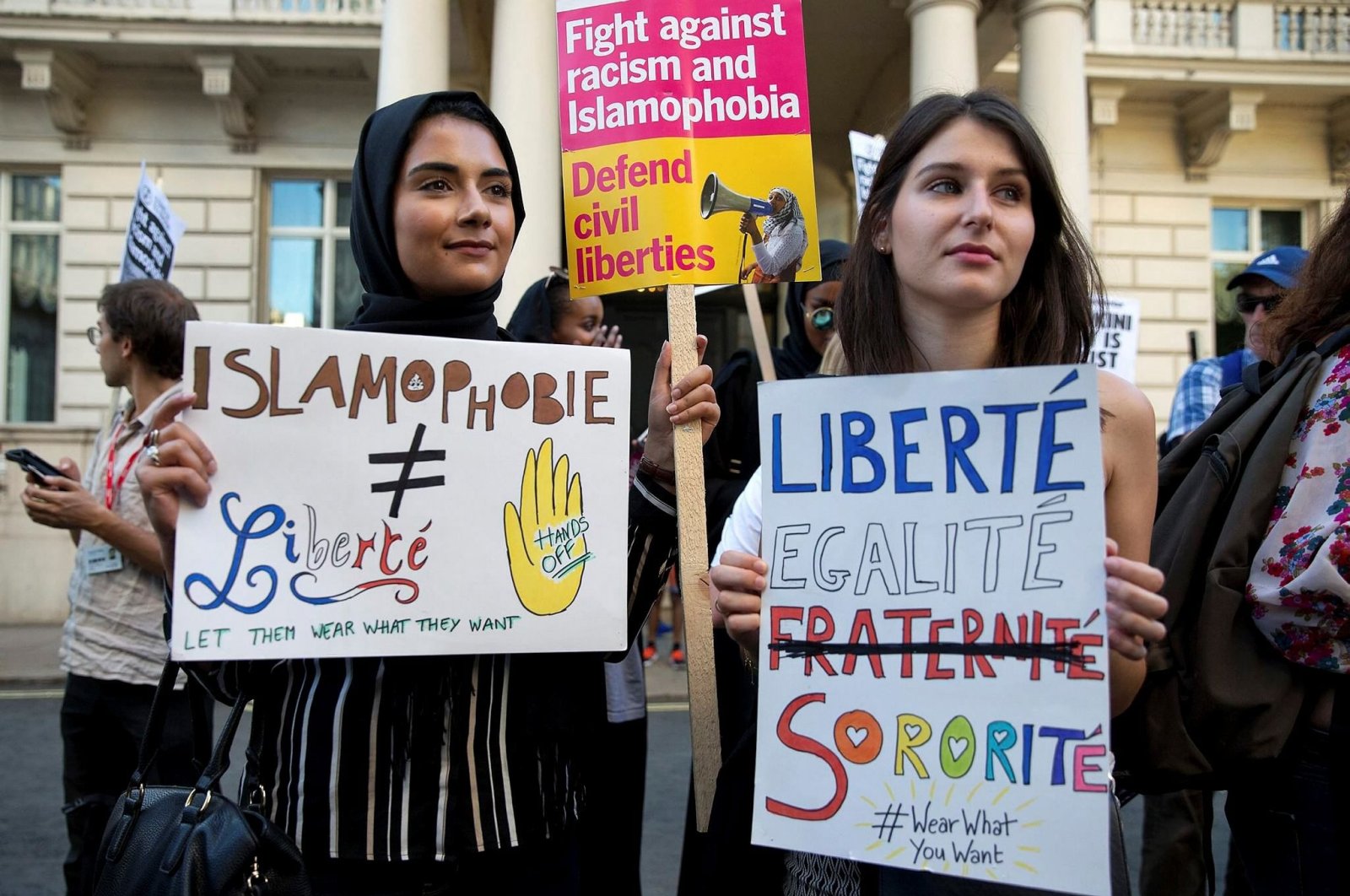Women join a demonstration organized by &quot;Stand up to Racism&quot; outside the French embassy in London, Aug. 26, 2016. (Getty Images, File)