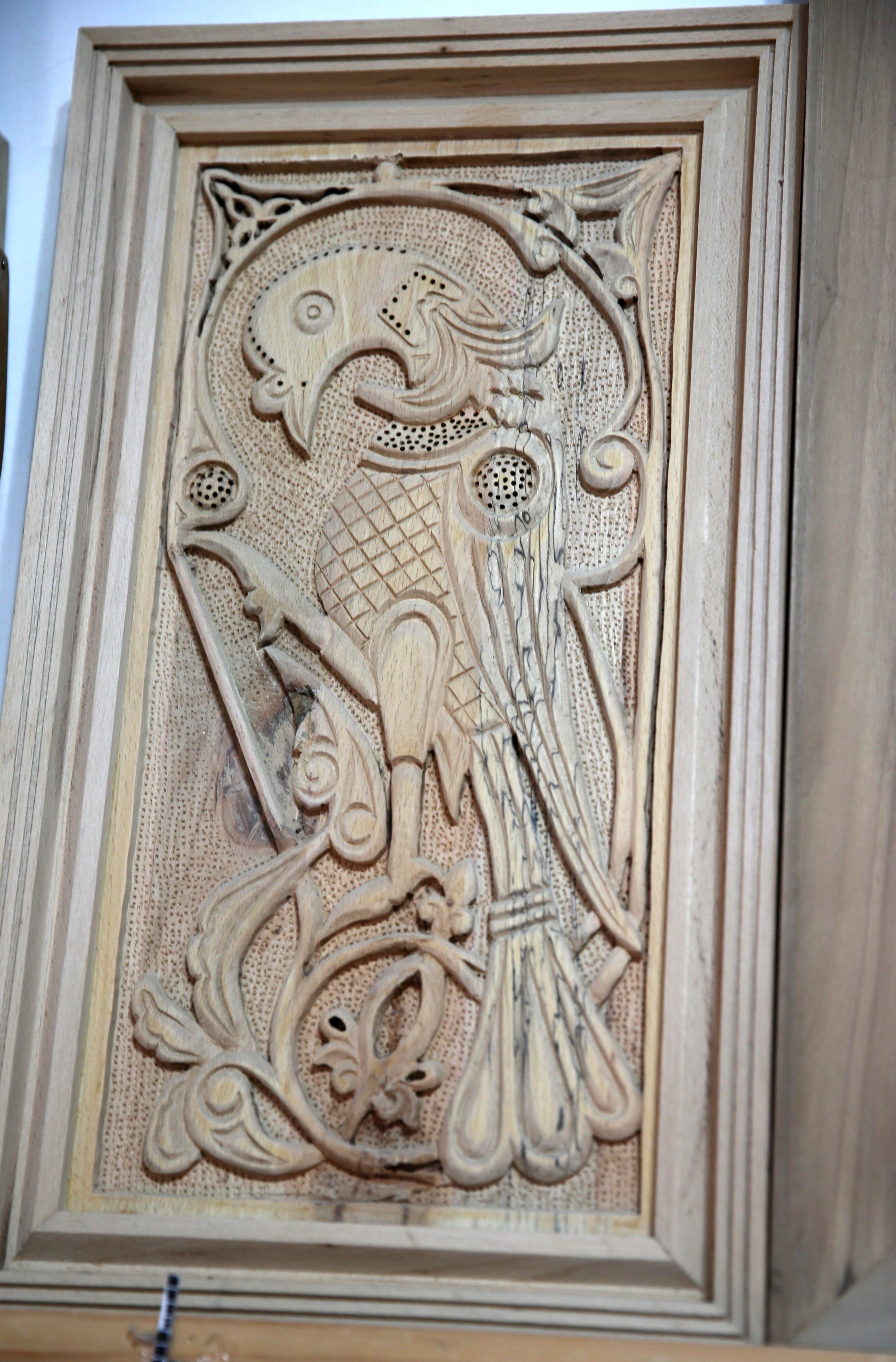 A hand-carved wooden panel by master craftsperson Süleyman Daştan, Sivas, central Turkey, Nov. 18, 2021 (AA Photo)
