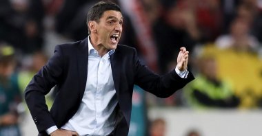 Then-Stuttgart head coach Tayfun Korkut reacts during a Bundesliga match against Fortuna Duesseldorf in Stuttgart, Germany, Sept. 21, 2018. (EPA Photo)