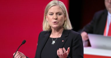 File photo of newly elected Sweden's Prime Minister Magdalena Andersson delivering a speech after being elected as the chairperson of the Social Democratic Party at the Social Democratic Party congress in Gothenburg, Sweden, Nov. 4, 2021 (AFP Photo) 