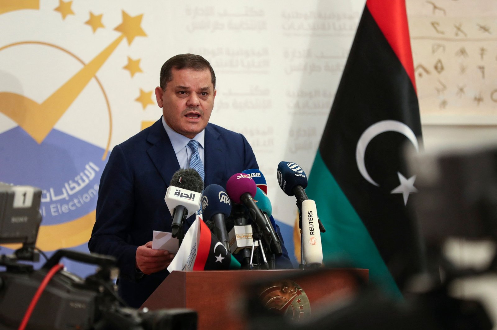 Libya&#039;s interim Prime Minister Abdulhamid Dbeibah speaks after registering his candidacy for next month&#039;s presidential election in the capital Tripoli, Libya, on Nov. 21, 2021. (AFP Photo)