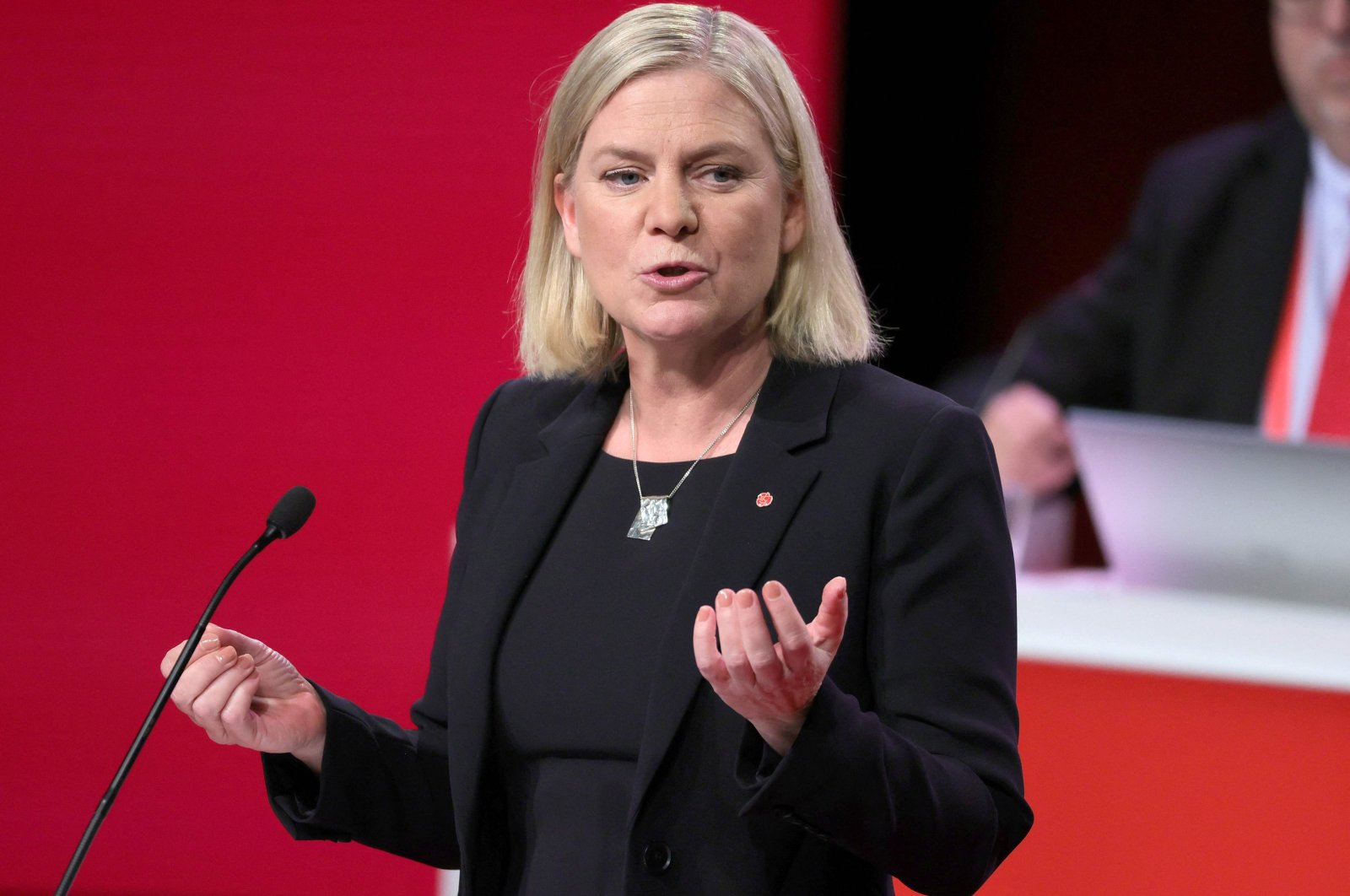 File photo of newly elected Sweden&#039;s Prime Minister Magdalena Andersson delivering a speech after being elected as the chairperson of the Social Democratic Party at the Social Democratic Party congress in Gothenburg, Sweden, Nov. 4, 2021 (AFP Photo) 