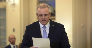 Australian Prime Minister Scott Morrison swears in at Government House, Canberra, Australia, Aug. 24, 2018. (AP Photo)