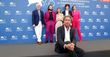 Director Paolo Sorrentino and actors Toni Servillo, Marlon Joubert, Teresa Saponangelo, Filippo Scotti and Luisa Ranieri pose at the 78th Venice Film Festival, Venice, Italy, Sept. 2, 2021. (REUTERS)