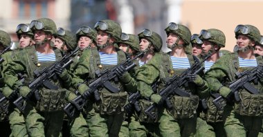 Russian Army paratroopers march during a rehearsal for the Victory Day military parade in Moscow, Russia, May 7, 2021. (AP Photo)