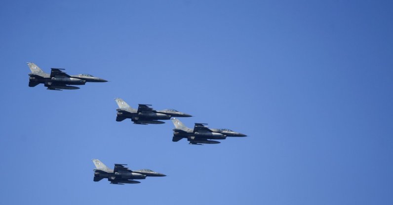 Greek F-16s take part in their annual military parade at the port city of Thessaloniki, northern Greece, Oct. 28, 2021. (AP File Photo)
