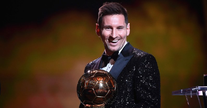 Paris Saint-Germain's Argentine forward Lionel Messi reacts with the Ballon d'Or award, Paris, France, Nov. 29, 2021. (AFP Photo)