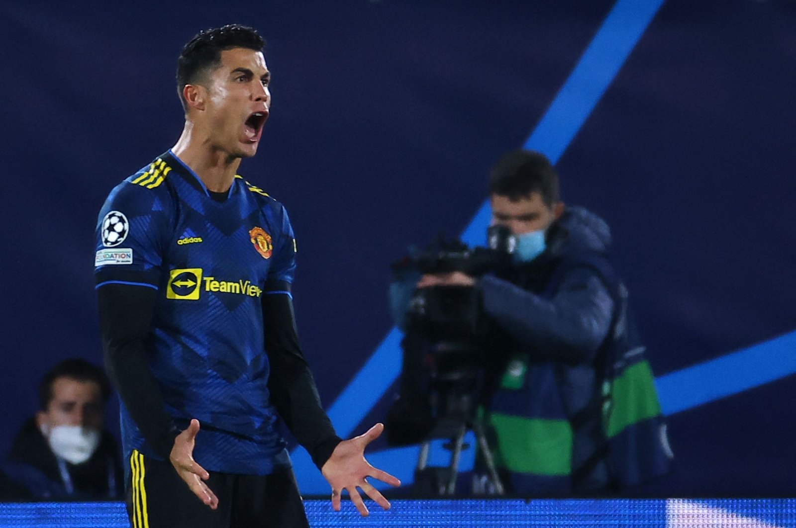 Manchester United&#039;s Portuguese forward Cristiano Ronaldo reacts during a UEFA Champions League match against Villarreal at La Ceramica Stadium, Villarreal, Spain, Nov. 23, 2021. (AFP Photo)