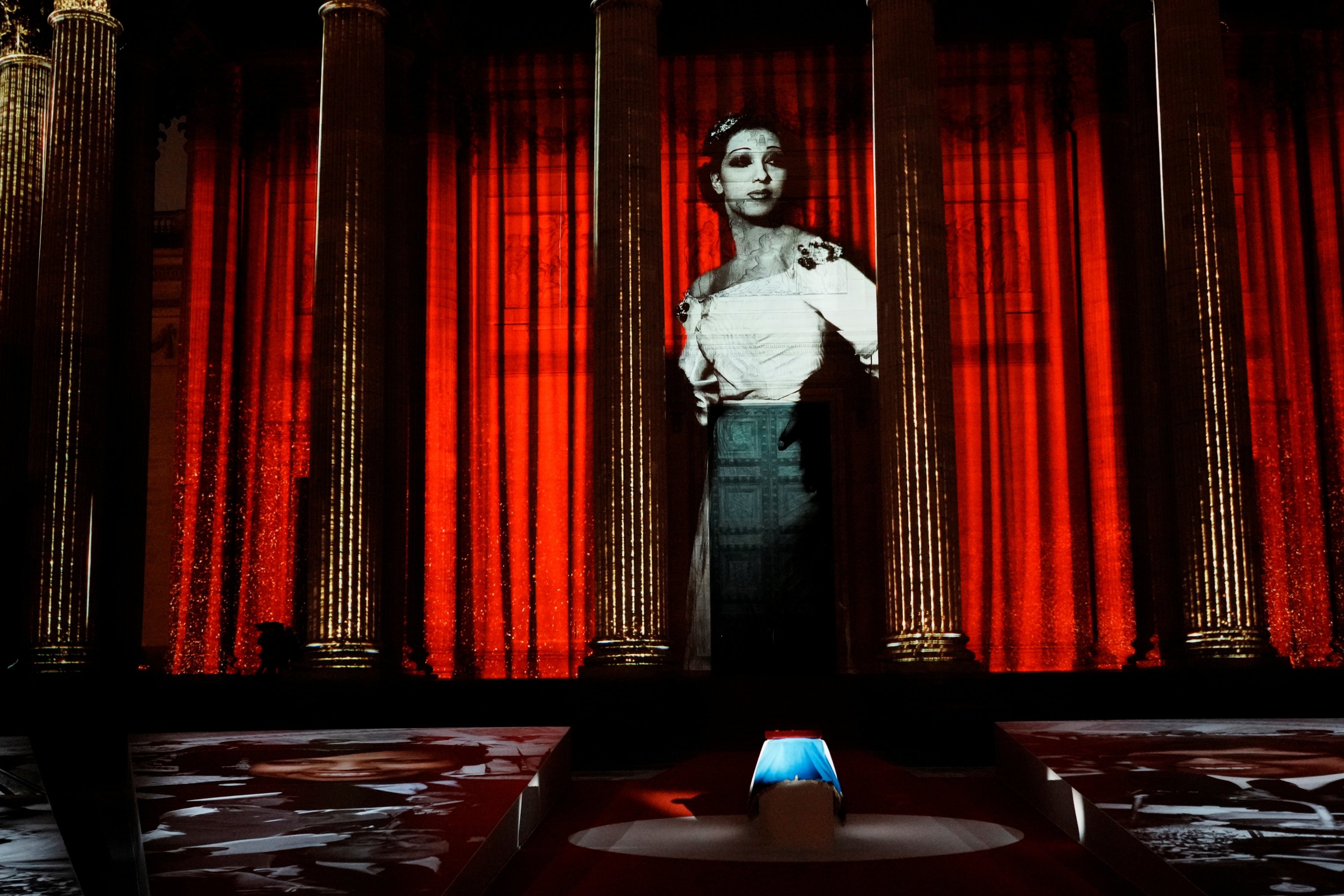 An image of Josephine Baker is projected on the Pantheon monument during her induction ceremony in Paris, France, Nov. 30, 2021. (REUTERS)