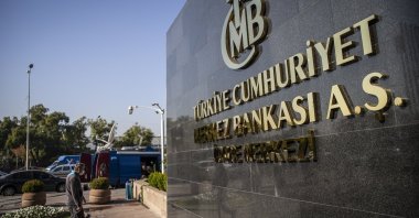 The logo of the Central Bank of the Republic of Turkey at the entrance of the bank's headquarters in the capital Ankara, Turkey, Oct. 28, 2020. (AA Photo)