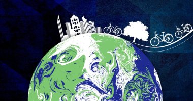 A photo illustration by Daily Sabah's Büşra Öztürk shows the logo of COP26 referencing the importance of cycling for the globe.