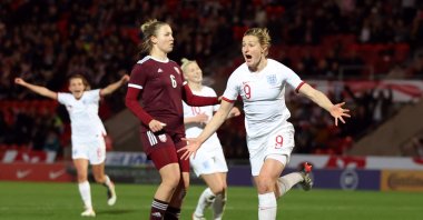England's Ellen White celebrates scoring in a Women's World Cup Qualifier against Latvia, Doncaster, England, Nov. 30, 2021. (Reuters Photo)