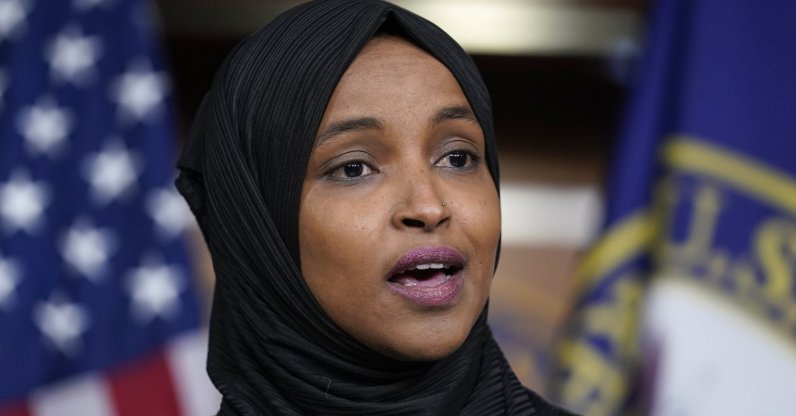 Rep. Ilhan Omar, D-Minnesota, speaks to reporters in the wake of anti-Islamic comments made last week by Rep. Lauren Boebert, R-Colorado, who likened Omar to a bomb-carrying terrorist, during a news conference at the Capitol in Washington, U.S., Nov. 30, 2021. (AP Photo)
