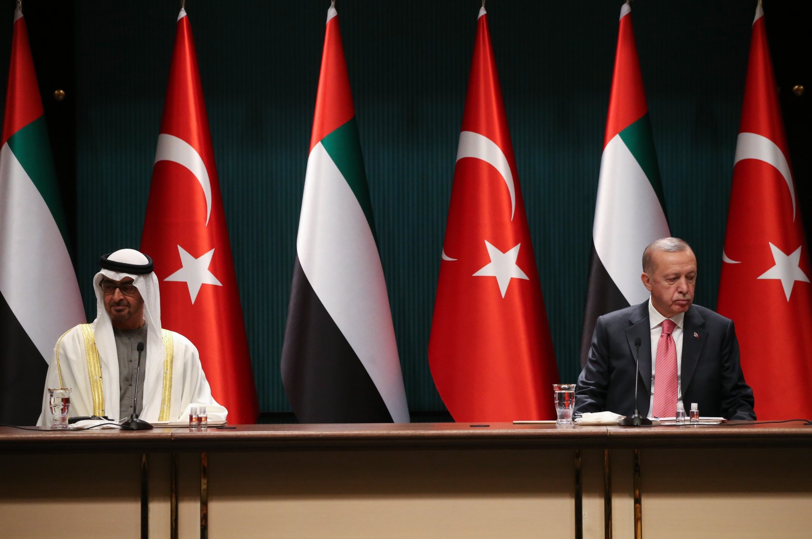 President Recep Tayyip Erdoğan (R) and Abu Dhabi Crown Prince Sheikh Mohammed bin Zayed Al Nahyan (MBZ) during an agreement ceremony after their meeting in the capital Ankara, Turkey, Nov. 24, 2021. (EPA Photo)