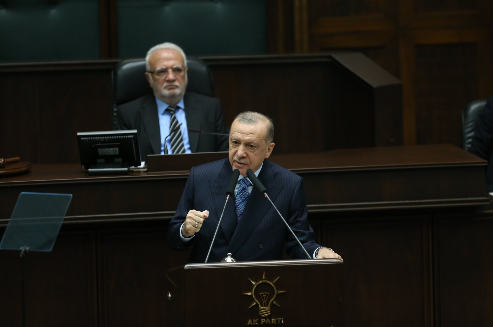 President Recep Tayyip Erdoğan speaks at the ruling Justice and Development Party&#039;s (AK Party) parliamentary group meeting at the Turkish Parliament, Ankara, Turkey, Dec. 1, 2021. (IHA Photo)