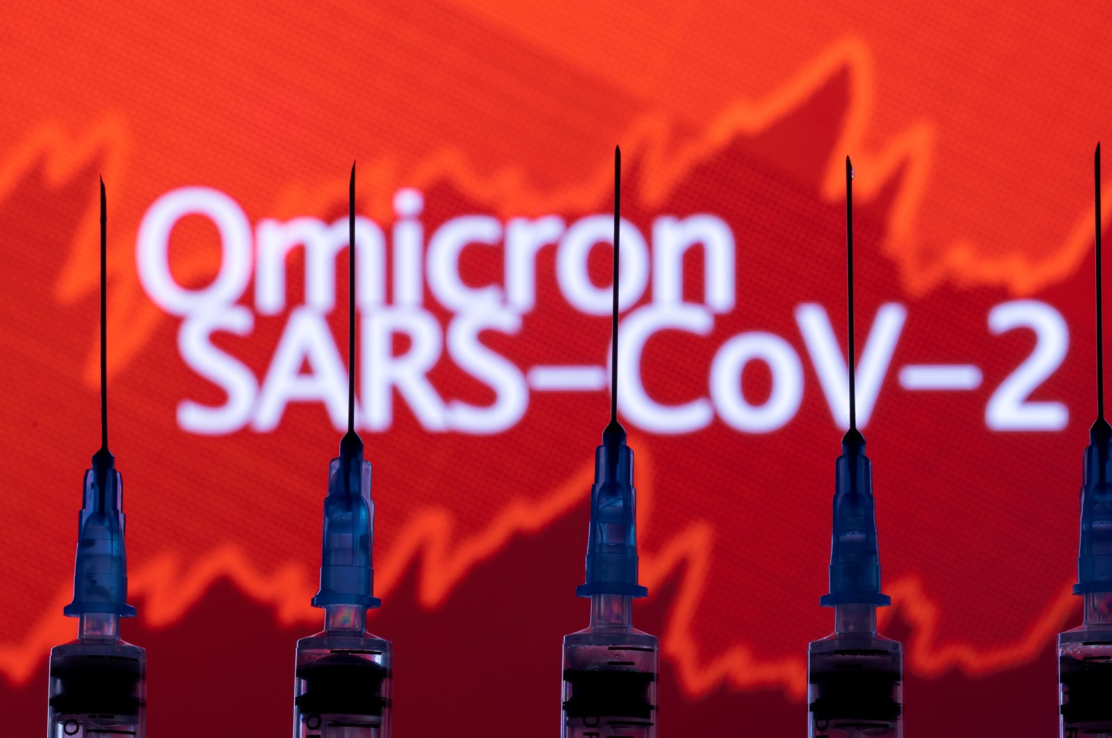 Syringes with needles are seen in front of a displayed stock illustration, Nov. 27, 2021. (REUTERS/Dado Ruvic)